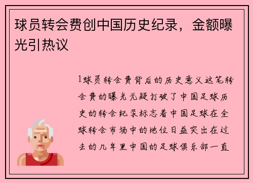 球员转会费创中国历史纪录，金额曝光引热议
